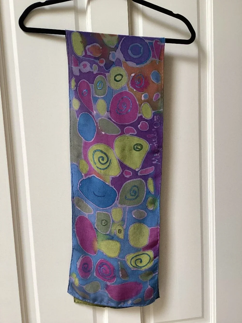 Blue, purple, green silk abstract scarf with flaw (10